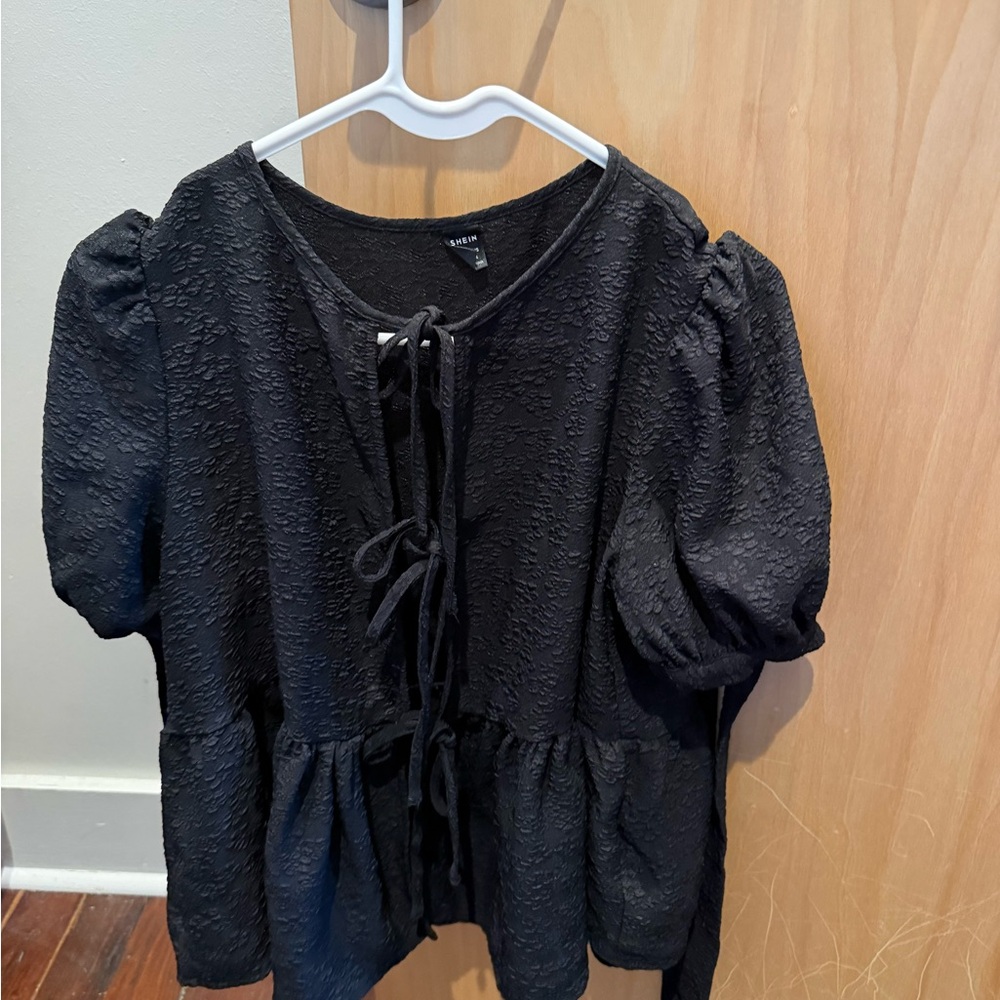SHEIN Black Textured Blouse with Tie Front